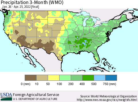 United States Precipitation 3-Month (WMO) Thematic Map For 1/26/2022 - 4/25/2022