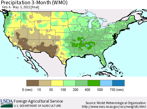 United States Precipitation 3-Month (WMO) Thematic Map For 2/6/2022 - 5/5/2022