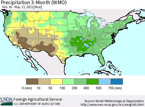 United States Precipitation 3-Month (WMO) Thematic Map For 2/16/2022 - 5/15/2022