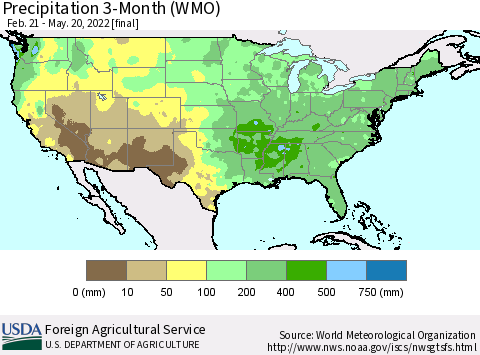United States Precipitation 3-Month (WMO) Thematic Map For 2/21/2022 - 5/20/2022