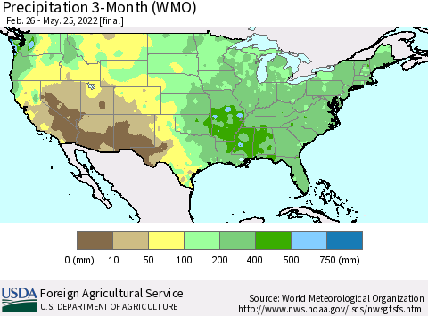 United States Precipitation 3-Month (WMO) Thematic Map For 2/26/2022 - 5/25/2022