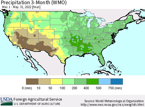 United States Precipitation 3-Month (WMO) Thematic Map For 3/1/2022 - 5/31/2022