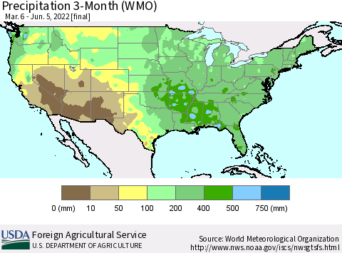 United States Precipitation 3-Month (WMO) Thematic Map For 3/6/2022 - 6/5/2022