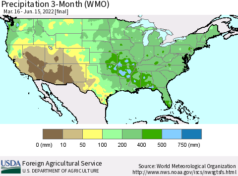 United States Precipitation 3-Month (WMO) Thematic Map For 3/16/2022 - 6/15/2022