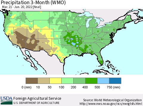 United States Precipitation 3-Month (WMO) Thematic Map For 3/21/2022 - 6/20/2022