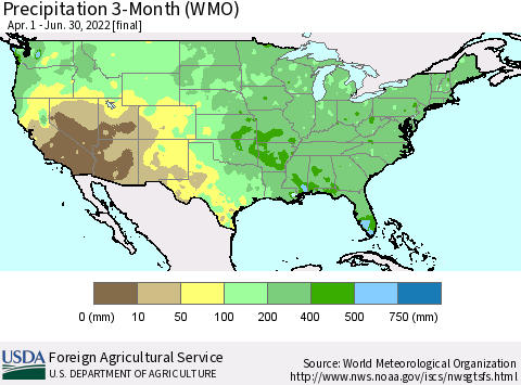 United States Precipitation 3-Month (WMO) Thematic Map For 4/1/2022 - 6/30/2022