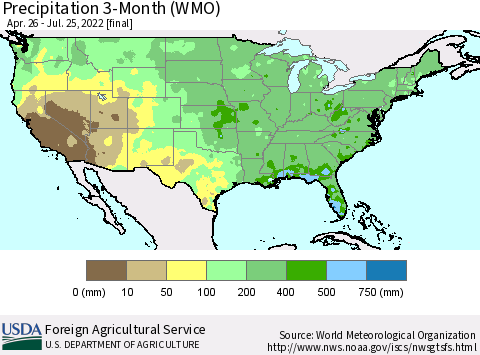 United States Precipitation 3-Month (WMO) Thematic Map For 4/26/2022 - 7/25/2022