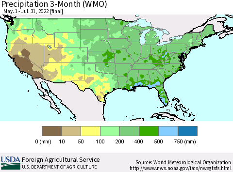 United States Precipitation 3-Month (WMO) Thematic Map For 5/1/2022 - 7/31/2022