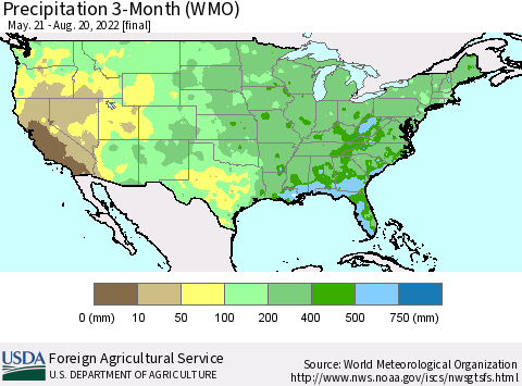 United States Precipitation 3-Month (WMO) Thematic Map For 5/21/2022 - 8/20/2022
