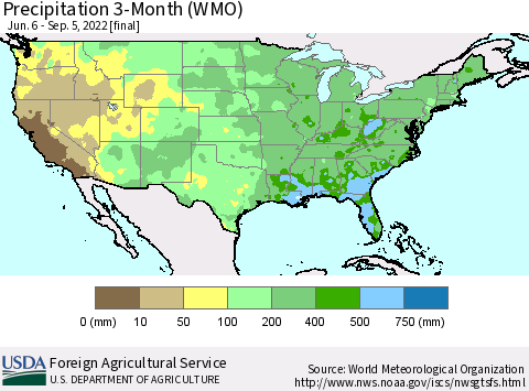 United States Precipitation 3-Month (WMO) Thematic Map For 6/6/2022 - 9/5/2022