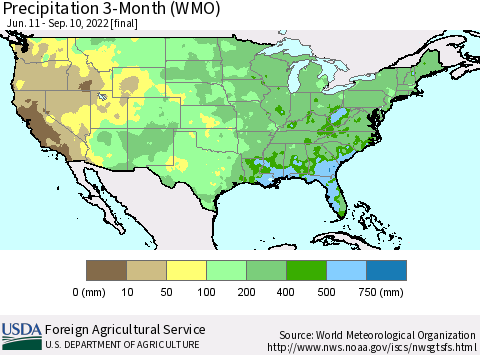 United States Precipitation 3-Month (WMO) Thematic Map For 6/11/2022 - 9/10/2022