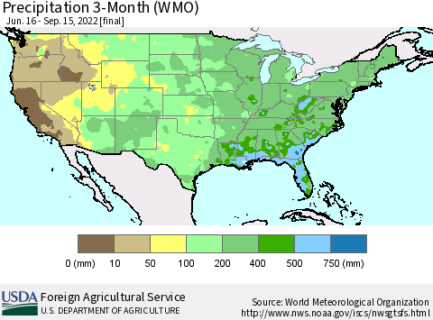 United States Precipitation 3-Month (WMO) Thematic Map For 6/16/2022 - 9/15/2022