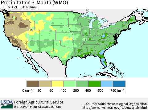 United States Precipitation 3-Month (WMO) Thematic Map For 7/6/2022 - 10/5/2022