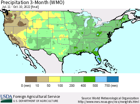 United States Precipitation 3-Month (WMO) Thematic Map For 7/11/2022 - 10/10/2022