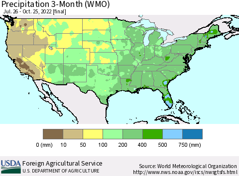 United States Precipitation 3-Month (WMO) Thematic Map For 7/26/2022 - 10/25/2022
