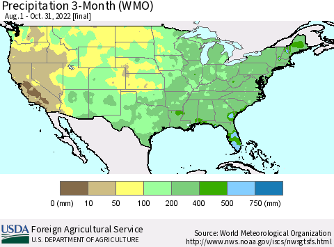 United States Precipitation 3-Month (WMO) Thematic Map For 8/1/2022 - 10/31/2022