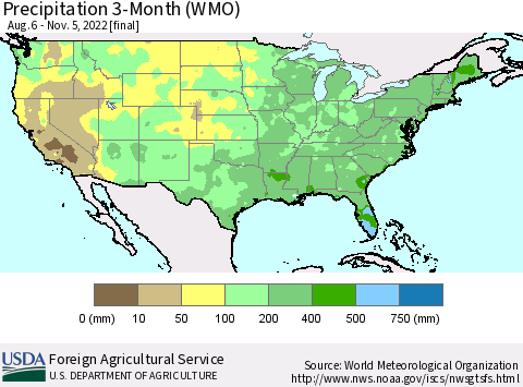 United States Precipitation 3-Month (WMO) Thematic Map For 8/6/2022 - 11/5/2022