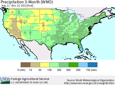 United States Precipitation 3-Month (WMO) Thematic Map For 8/11/2022 - 11/10/2022