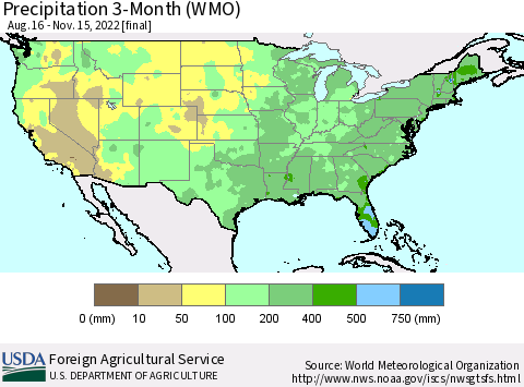 United States Precipitation 3-Month (WMO) Thematic Map For 8/16/2022 - 11/15/2022