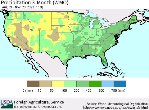 United States Precipitation 3-Month (WMO) Thematic Map For 8/21/2022 - 11/20/2022