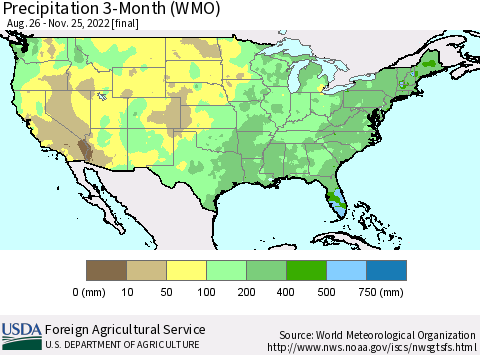 United States Precipitation 3-Month (WMO) Thematic Map For 8/26/2022 - 11/25/2022