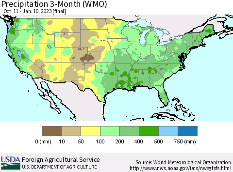 United States Precipitation 3-Month (WMO) Thematic Map For 10/11/2022 - 1/10/2023