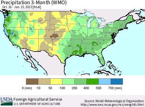 United States Precipitation 3-Month (WMO) Thematic Map For 10/16/2022 - 1/15/2023