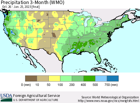 United States Precipitation 3-Month (WMO) Thematic Map For 10/26/2022 - 1/25/2023