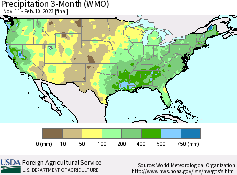 United States Precipitation 3-Month (WMO) Thematic Map For 11/11/2022 - 2/10/2023