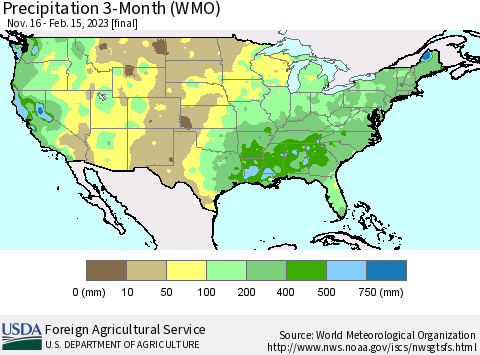 United States Precipitation 3-Month (WMO) Thematic Map For 11/16/2022 - 2/15/2023