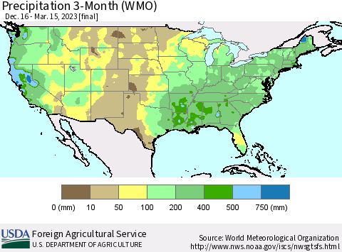 United States Precipitation 3-Month (WMO) Thematic Map For 12/16/2022 - 3/15/2023
