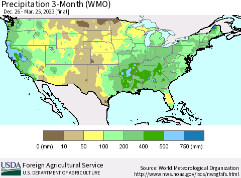 United States Precipitation 3-Month (WMO) Thematic Map For 12/26/2022 - 3/25/2023