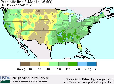 United States Precipitation 3-Month (WMO) Thematic Map For 1/11/2023 - 4/10/2023