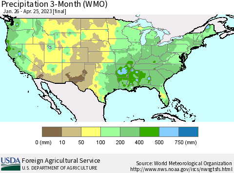 United States Precipitation 3-Month (WMO) Thematic Map For 1/26/2023 - 4/25/2023