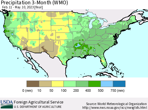 United States Precipitation 3-Month (WMO) Thematic Map For 2/11/2023 - 5/10/2023