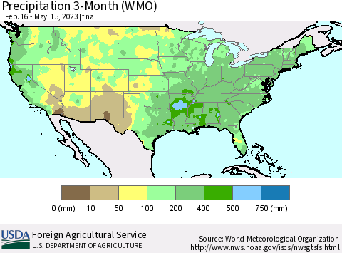 United States Precipitation 3-Month (WMO) Thematic Map For 2/16/2023 - 5/15/2023