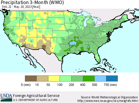 United States Precipitation 3-Month (WMO) Thematic Map For 2/21/2023 - 5/20/2023