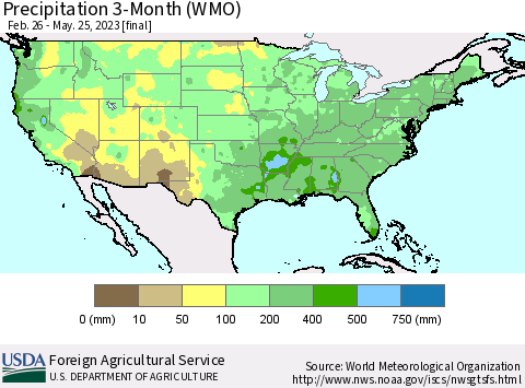 United States Precipitation 3-Month (WMO) Thematic Map For 2/26/2023 - 5/25/2023