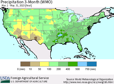 United States Precipitation 3-Month (WMO) Thematic Map For 3/1/2023 - 5/31/2023