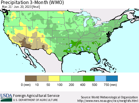 United States Precipitation 3-Month (WMO) Thematic Map For 3/21/2023 - 6/20/2023