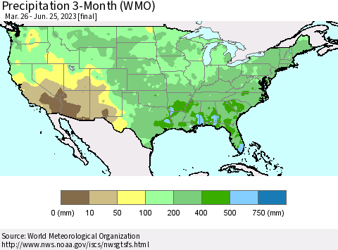 United States Precipitation 3-Month (WMO) Thematic Map For 3/26/2023 - 6/25/2023