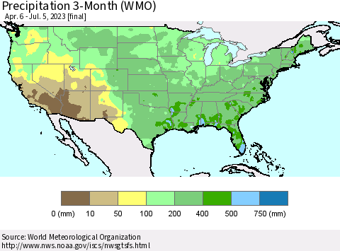 United States Precipitation 3-Month (WMO) Thematic Map For 4/6/2023 - 7/5/2023
