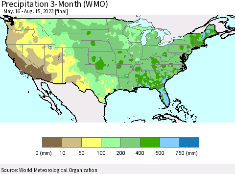 United States Precipitation 3-Month (WMO) Thematic Map For 5/16/2023 - 8/15/2023