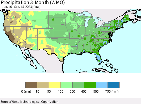 United States Precipitation 3-Month (WMO) Thematic Map For 6/16/2023 - 9/15/2023