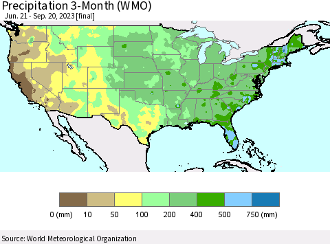 United States Precipitation 3-Month (WMO) Thematic Map For 6/21/2023 - 9/20/2023