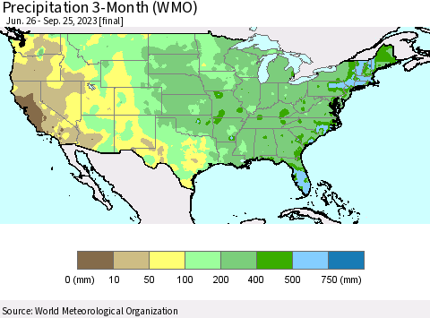 United States Precipitation 3-Month (WMO) Thematic Map For 6/26/2023 - 9/25/2023