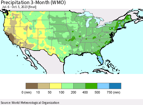 United States Precipitation 3-Month (WMO) Thematic Map For 7/6/2023 - 10/5/2023