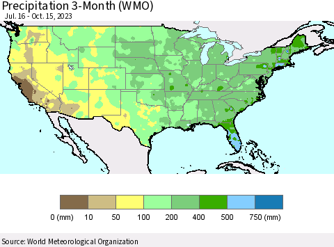 United States Precipitation 3-Month (WMO) Thematic Map For 7/16/2023 - 10/15/2023