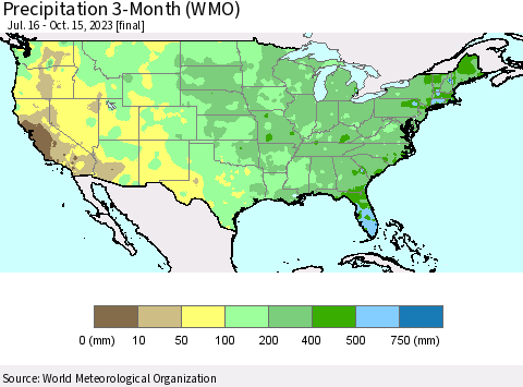 United States Precipitation 3-Month (WMO) Thematic Map For 7/16/2023 - 10/15/2023