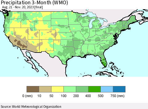 United States Precipitation 3-Month (WMO) Thematic Map For 8/21/2023 - 11/20/2023